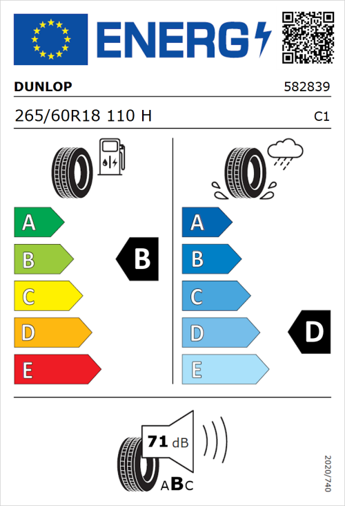 Tyre Label for Dunlop Grandtrek AT25 265/60R18 110H